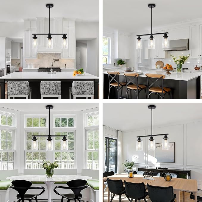 Modern Island Lights for Kitchen Black Dining Room Light Fixtures | 3-Light Linear Chandelier Over Table, 21.25'' Farmhouse Kitchen Island Lighting Clear Glass Shades, Adjustable Height - Image 2