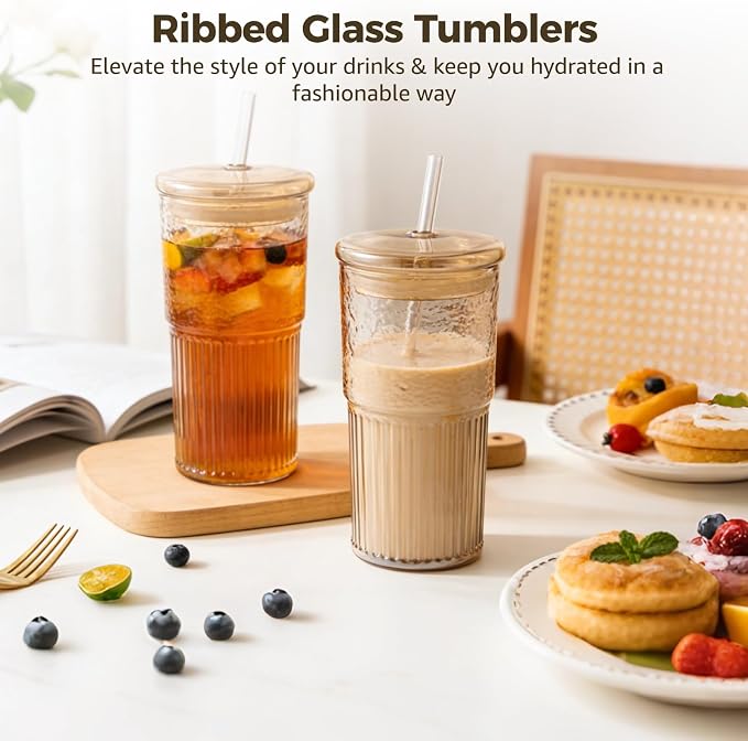 2 Pcs Ribbed Glass Tumblers, 22 oz Amber Cups with Lids and Straws, Borosilicate Glassware Set, Reusable Beverage Bottle for Iced Coffee, Smoothies, Water, Hot and Cold Drinks, 7.1 x 2.8 in - Image 5