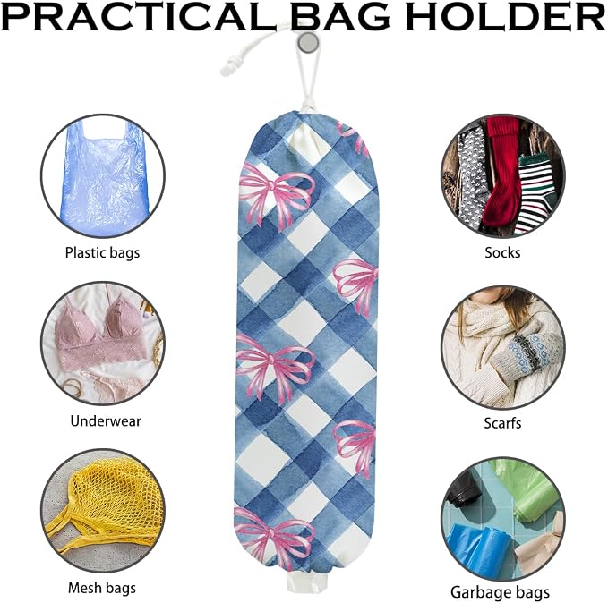 Pink Bow Plastic Bag Holder for Kitchen Essentials, Wall Mount Grocery Bag | Holder for Plastic Bags, Blue White Plaid Reusable Shopping Bags Storage Dispenser for Home Kitchen Pantry, 22.5x9 Inch - Image 3