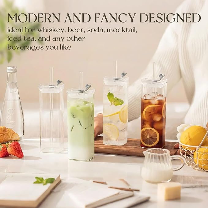 KEMORELA 12 Sets Square Drinking Glass Cups with Lids & Straws, 17 Oz Clear Highball Glasses for Cocktail, Iced Coffee, Juice, Beer - Modern Glass Tumblers - Image 2