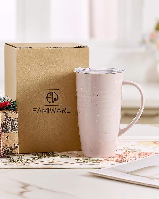 famiware Jupiter Large Coffee Mug, 20oz Coffee Mug with Lid, Ceramic Mugs Set of 2, Cup Set with Handle for Latte, Tea, Cocoa, Milk, Home & Office, Microwave and Dishwasher Safe, Light Pink - Image 6
