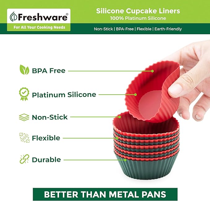 Freshware Cupcake Liners - Pack of 12 Silicone Muffin Cups, 2.8 Inch Baking Cups, Reusable & Non-stick for Party, Halloween, Christmas, Round
