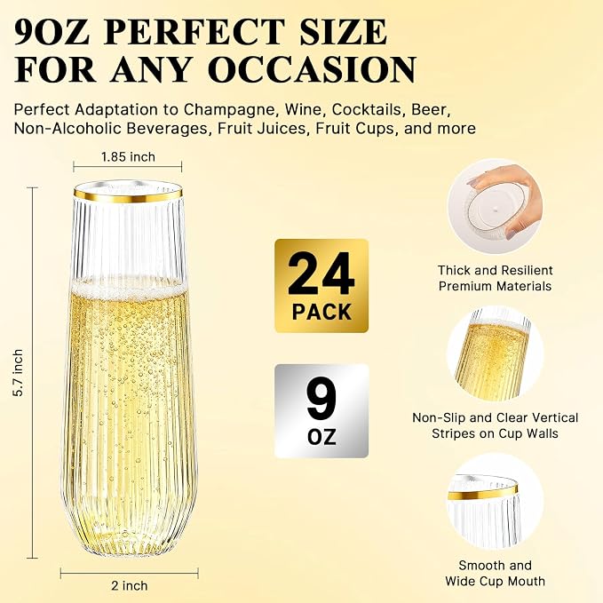 Goodluck 24pack 9oz Clear Stemless Plastic Champagne Flutes with Gold Rim | Ribbed Stemless Toasting Glasses，Champagne Flutes Plastic for Weddings, Bars, Events, Party And Celebrations - Image 3