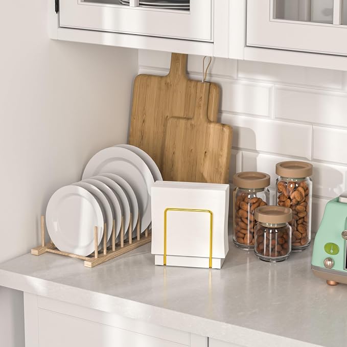 Wican Napkin Holder for Table, Bamboo Iron Standing Napkin Dispenser | Dining Table Farmhouse Cocktail Picnic Rustic Wood Holders, Suitable for All Kitchen Dining Room Decor, Gold & White - Image 3