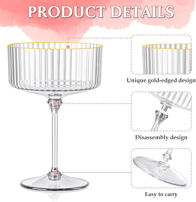 50 Pcs Ribbed Martini Glasses Bulk 10oz Champagne Martini Glasses Plastic Gold Rim Espresso Martini Glass Vintage Coupe Glass Margarita Glasses Disposable Clear Glassware Dessert Cup for New Year - Image 3