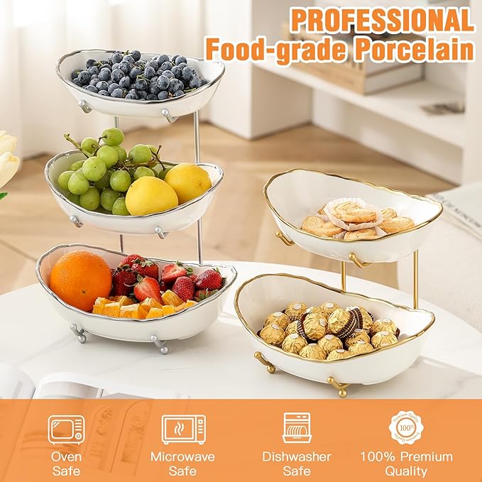 Ceramic Fruit Bowl for Kitchen Counter - 3 Tier Fruit Basket with Metal Stand, Tiered Fruit Stand for Countertop, Snack, Nuts, Cake, Dessert, Cute (Gold-rimmed, Small) - Image 2