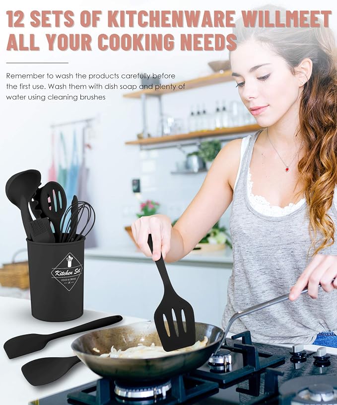 Black Kitchen Utensils Set-12 Pieces Silicone Cooking Utensils Set | Dishwasher Safe 392°F Heat Resistant Spatula Set Kitchen Utensil Set for Nonstick Cookware,Best Kitchen Tools with Holder - Image 7