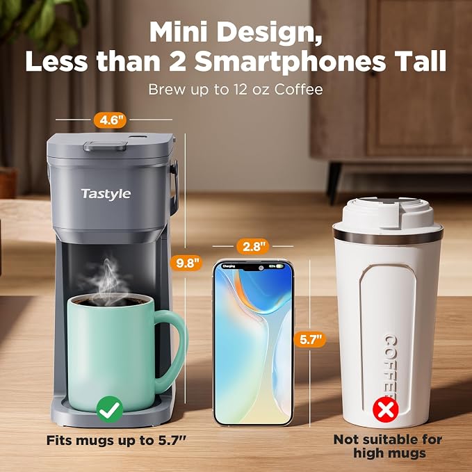 Tastyle Mini Single Serve Coffee Maker for K Cups and Grounds with Handle | for Travel, Camping, Office, RV and Dorm, Portable Handle, 6 to 12 Oz Brew Size, BPA Free, K302, Cool Gray - Image 3