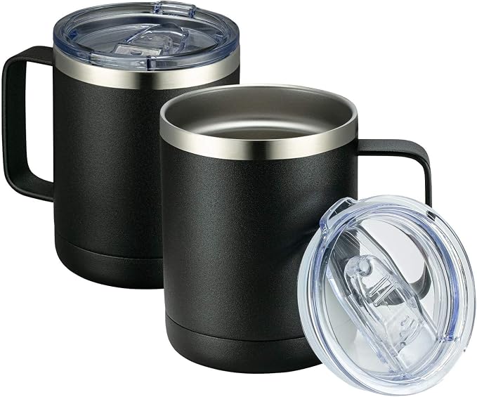 MEWAY 12oz Coffee Mug With Handle 2 Pack Bulk,Stainless Steel Insulated Travel Tumblers With Sliding Lid,Double Wall Vacuum Camping Cup for Hot & Cold Drinks Tea (Black,Set of 2) by MEWAY