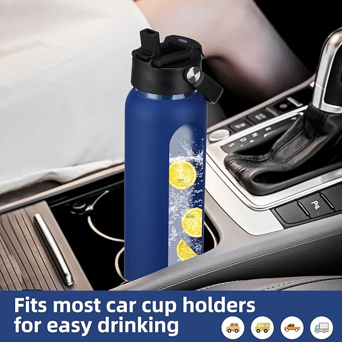 24 oz Glass Water Bottle with 2 Lids-Handle Straw Lid & Bamboo Lid,1 Liter Motivataional Tumbler Water Bottle Time Marker, Borosilicate Glass Water Bottles With Silicone Sleeve, Leakproof