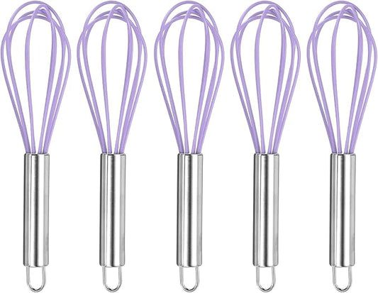 HARFINGTON 5Pcs Silicone Whisk 8" Kitchen Whisk Wire Whisks Beater with Stainless Steel Handle for Egg Milk Whisking Blending Beating & Stirring, Purple