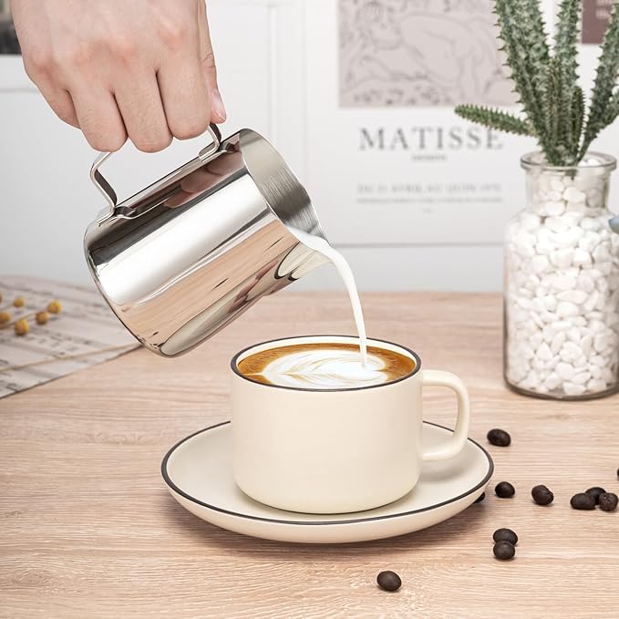 Amrules Milk Frothing Pitcher, 20oz Milk Frother Cup with Clear Scale, 304 Stainless Steel Cappuccino Espresso Machine Accessories for Barista Coffee Bar with Latte Art Pen, Silver - Image 7
