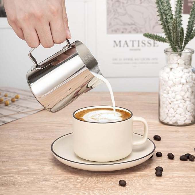Amrules Milk Frothing Pitcher, 12oz Milk Frother Cup with Clear Scale, 304 Stainless Steel Cappuccino Espresso Machine Accessories for Barista Coffee Bar with Latte Art Pen, Silver - Image 7
