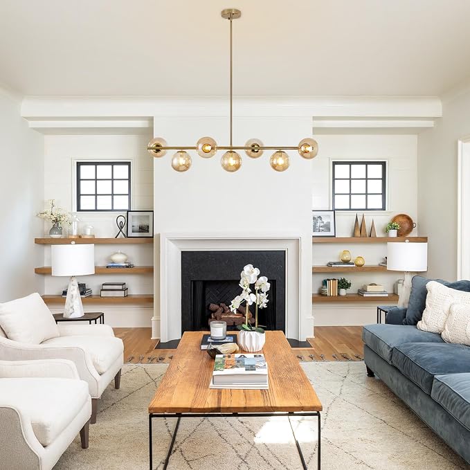 Modern Linear Sputnik Chandelier, Gold Pendant Light Fixture with 7 Amber Glass Globes for Dining Room Light Fixture, Kitchen Island Lighting, Living Room Chandelier, Bedroom, Foyer - Image 5