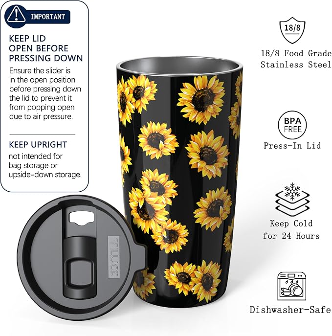 TILUCK 20 oz Insulated Coffee Tumbler with BPA-Free Lid | Travel Coffee Mug, Dishwasher Safe, Cup Holder Friendly, Double-Wall Vacuum Insulation for Hot & Cold Drinks, SunFlower - Image 2