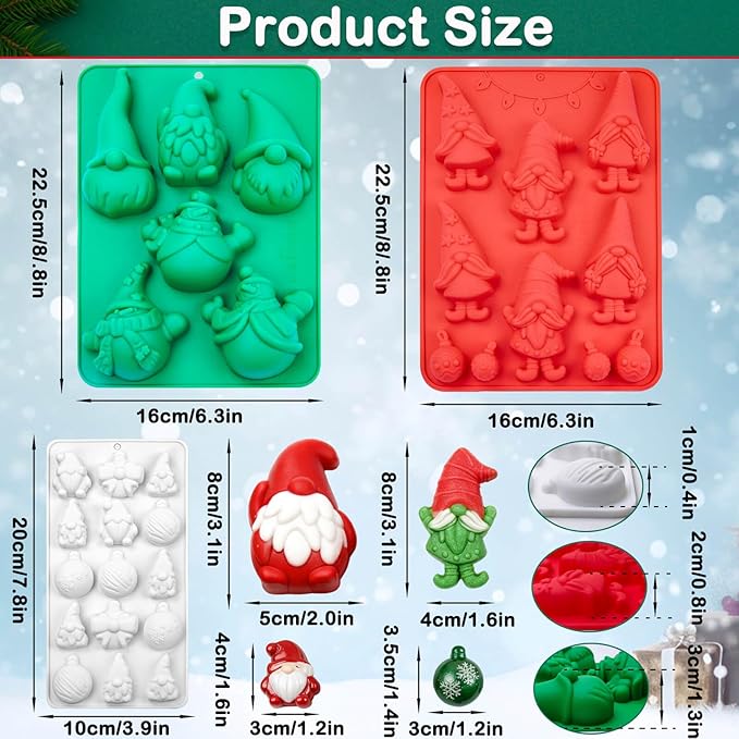 Christmas Silicone Mold for Baking 3 Pack, 3D Christmas Gnome Candy Chocolate Molds Holiday Mini Pie Mould with Christmas Bell Shape for Mini Cakes, Handmade Soap, Chocolate, Jello, Candy and Candles
