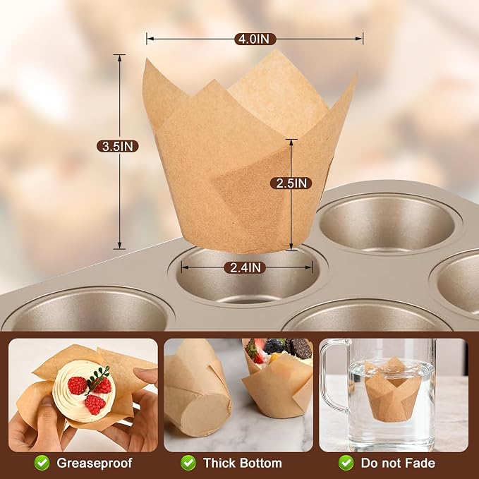 100pcs Extra Large Size Tulip Cupcake Liners for Baking Cups, Food Grade Parchment Paper Large Muffin Liners Holders, Greaseproof Cup cake Wrappers for Party, Christmas by Neyimqr (Natural) - Image 2