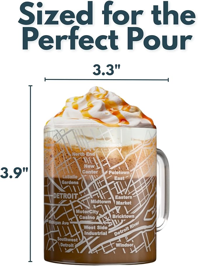 Greenline Goods – Detroit, MI Map Glass Coffee Mugs (Set of 2), 16 oz – Etched Wrap Design