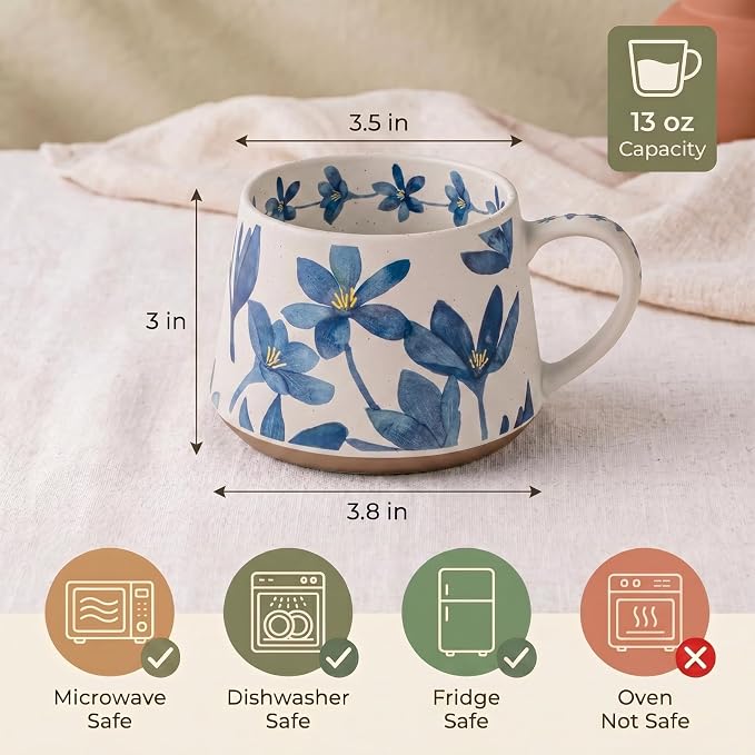 Ceramic Coffee Mug, 13oz Floral Design Pottery cute mugs, Ideal Gift for Women unique vintage pretty coffee mugs (Blue Bulky Flower Mug) - Image 6