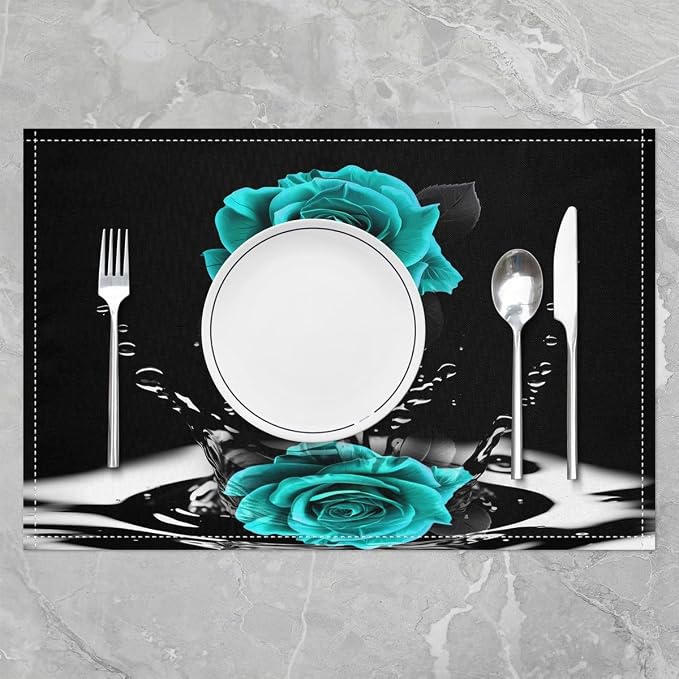 Feelyou Teal Rose Table Place Mats Romantic Floral Blossom Placemats Set of 4 for Boys Girls Black Teal Placemat for Kitchen Dining Table for Lover Indoor Outdoor Decor Table Mats 18"x12" - Image 2