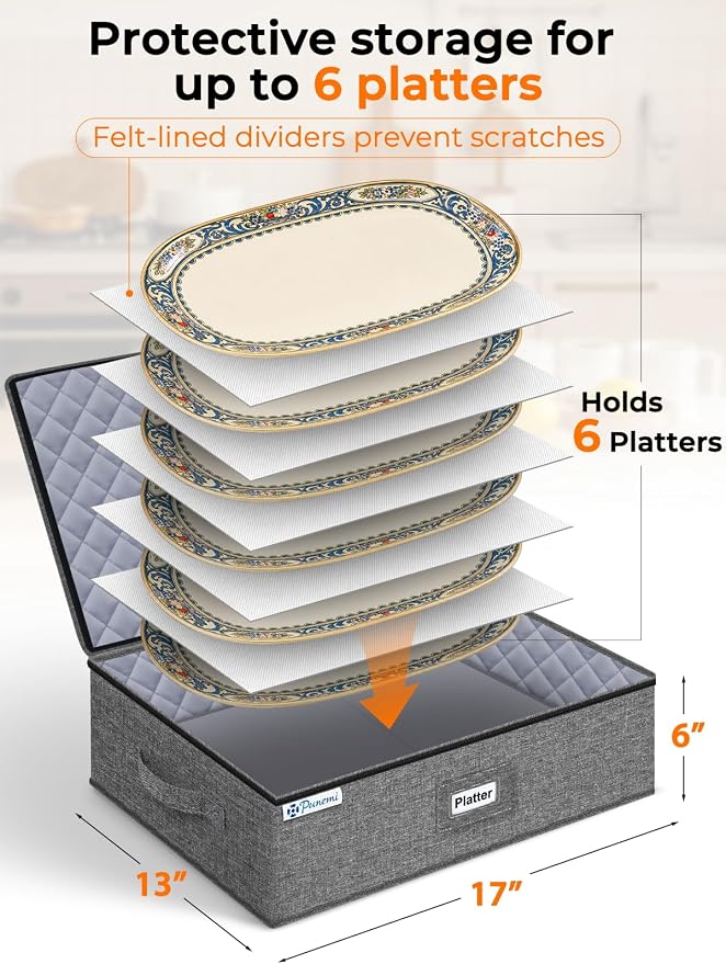 punemi Hard Shell China Platter Storage Containers for Moving, 2 Pack, Grey | Stackable Padded Cases with Felt Dividers, 17 x 13 x 6 in, for Serving Platters, Oval Plates, Trays and Holiday Dishes - Image 2