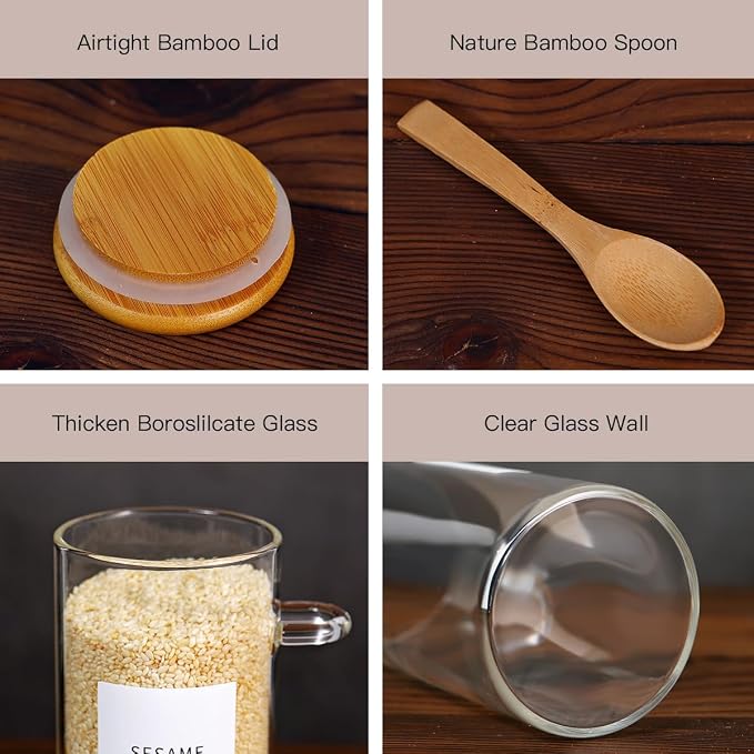 8 Pcs Glass Containers with Bamboo Lids and Spoons - 10 oz Sugar Container with 148 Kitchen Pantry Spice Jar Labels Preprinted - Glass Spice Jars with Wooden Lids Hold Coffee, Tea, Candy, Herbs - Image 6