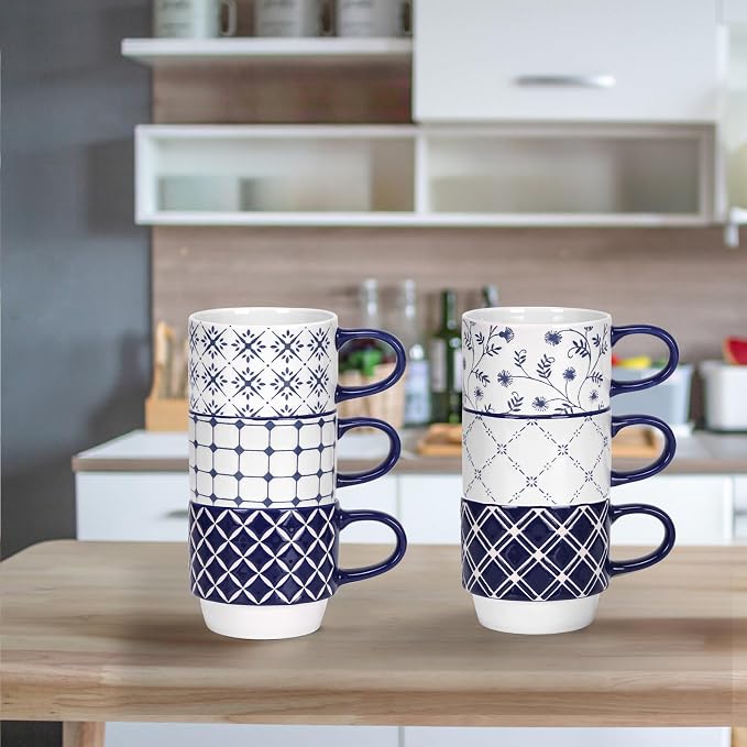 Schliersee 12 OZ Stackable Ceramic Coffee Mugs set of 6, Geometric Floral Pattern Small Mug, Blue White Porcelain Coffee Mug, Stacking Coffee Mugs, Tea Mug, Water Cup, Dishwasher Safe, Microwave Safe - Image 3