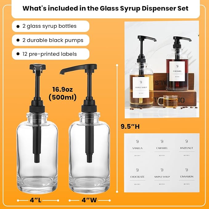 BEYTIFY Coffee Syrup Dispenser Set | Glass Syrup Bottles with Pump Tops & 12 Labels | Refillable Leak-Proof Dispensers for Coffee Bar, Vanilla Caramel Hazelnut Syrups | Clear Glass, 2 Pack (16.9oz/500ml)
