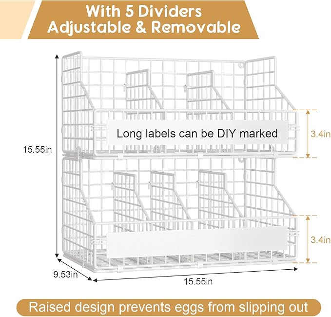 keomaisyto Fresh Egg Holder with 5 Dividers to Separate Eggs for a Week, 2 Tier Stackable Wire Baskets for Gathering Eggs, XXL Egg Rack for Countertop/Wall-Mounted, With DIY Labels, White - Image 2