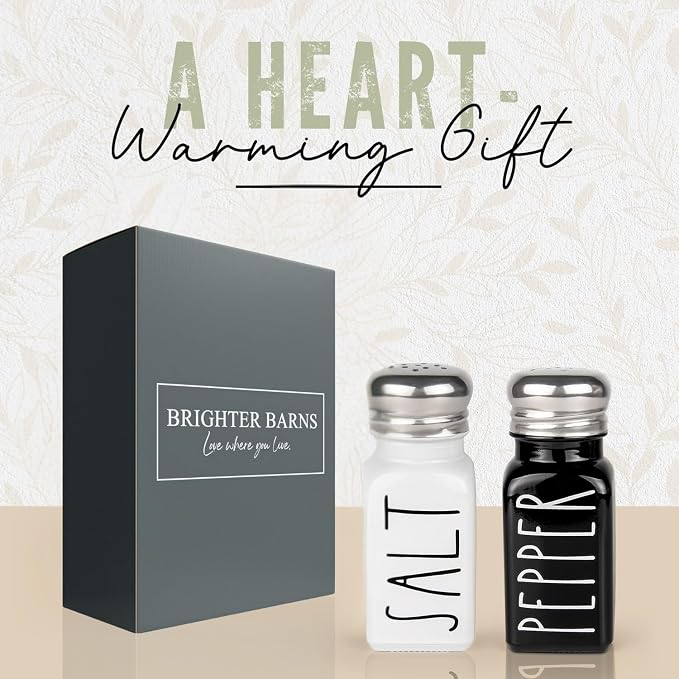 Salt and Pepper Shakers Set by Brighter Barns - Cute Modern Farmhouse Kitchen Decor for Home Restaurants Wedding - Gorgeous Vintage Glass Black White Shaker Sets with Stainless Steel Lids - Image 5