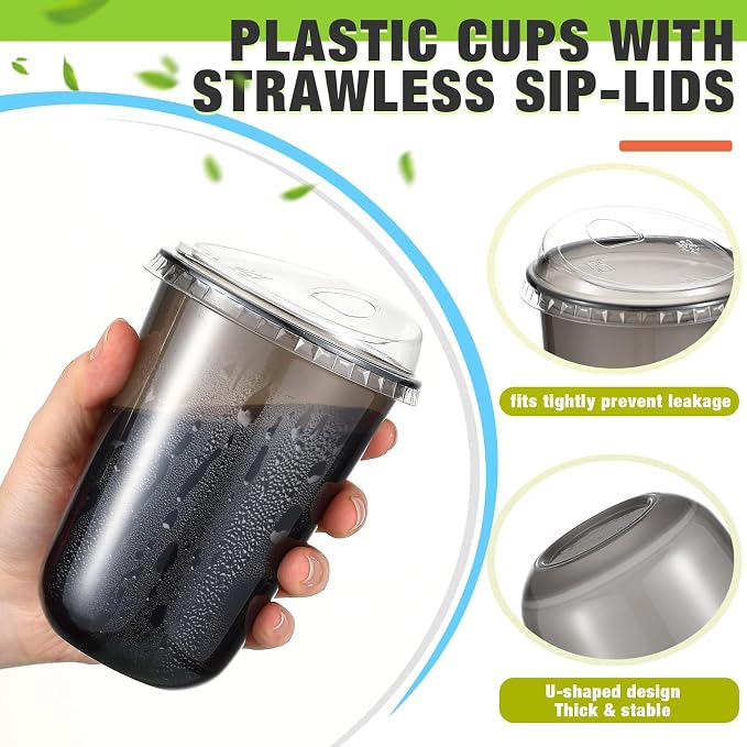 Ziliny 50 Sets Clear Plastic Coffee Cups with Sip Lids, Disposable Plastic PET Crystal Cups for Iced Coffee, Smoothie, Cold Beverage, Drink Shops and Party Catering(Clear Black,16 oz) - Image 4