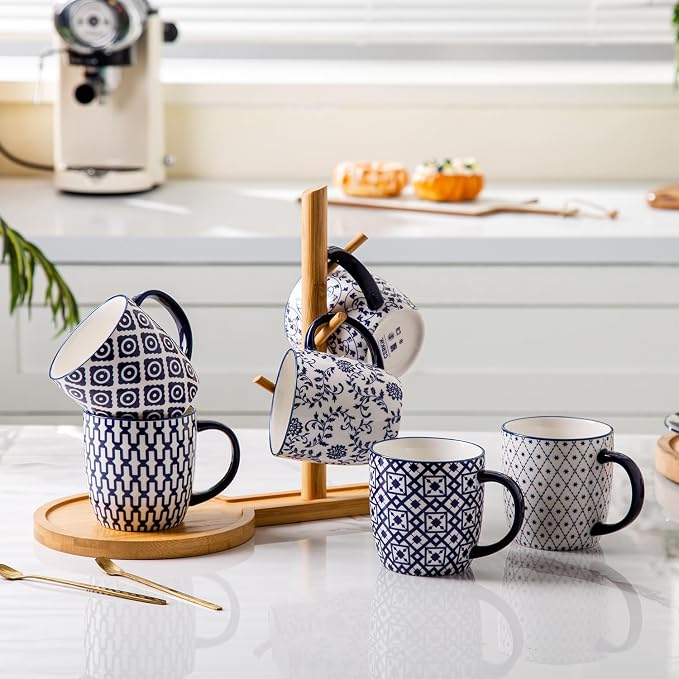 Ceramic Coffee Mugs Set - 10 OZ Large Porcelain Tea Cups with Handle for Milk Cappuccino Latte Cocoa Tea - Microwave Dishwasher Safe - Christmas Housewarming Gift -Set of 6 - Vintage Blue - Image 5