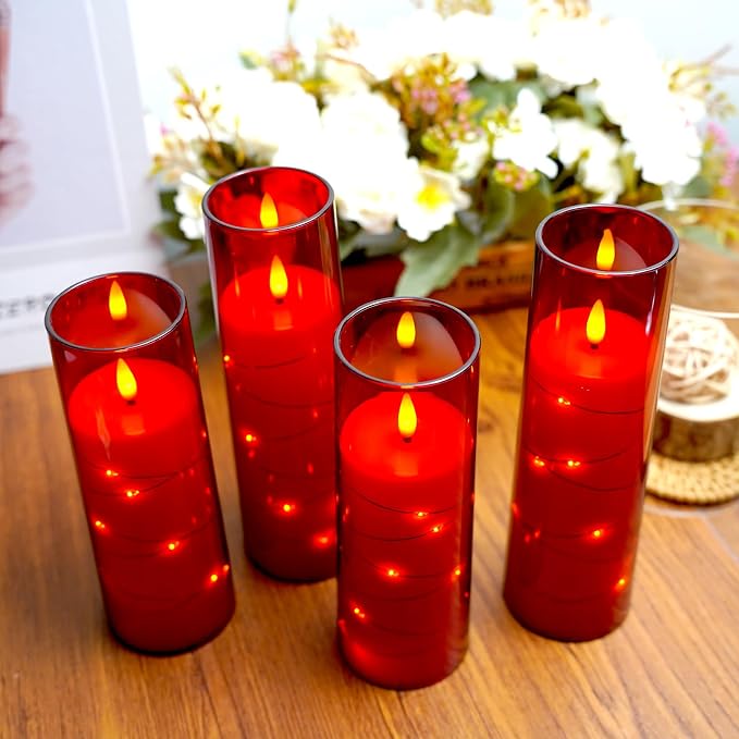 Flameless Candles,with Embedded Star String, Battery Operated Candles Flickering LED Pillar Candles with Remote Control and Timer, Home Decoration Add a Warm and Romantic Atmosphere，Set of 7 (Red) - Image 4