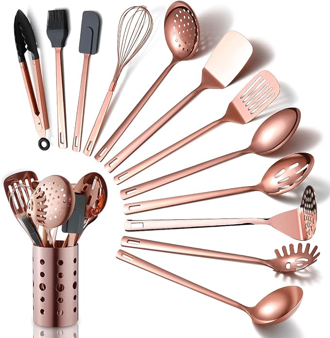 Copper Kitchen Utensils Set,13 Pieces Stainless Steel Cooking Utensils Set With Titanium Rose Gold Plating,Kitchen Tools Set With Utensil Holder For Non-Stick Cookware Dishwasher Safe (13 Packs) by HOMQUEN