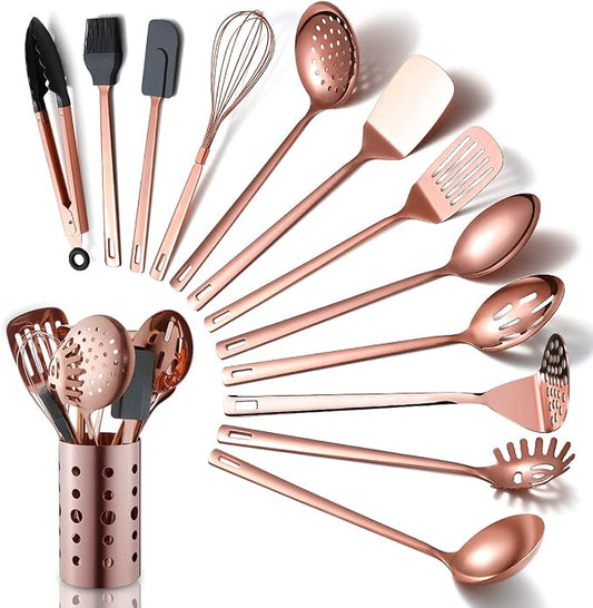 Copper Kitchen Utensils Set,13 Pieces Stainless Steel Cooking Utensils Set With Titanium Rose Gold Plating,Kitchen Tools Set With Utensil Holder For Non-Stick Cookware Dishwasher Safe (13 Packs) by HOMQUEN