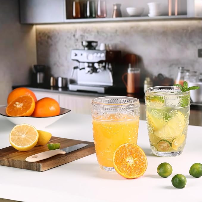 abrwyy Clear Glasses Drinking Set, 14oz Water Glasses, Vintage Glassware | Dishwasher Safe, Non-Slip, Lead-Free Glass, Home Decoration - Image 3