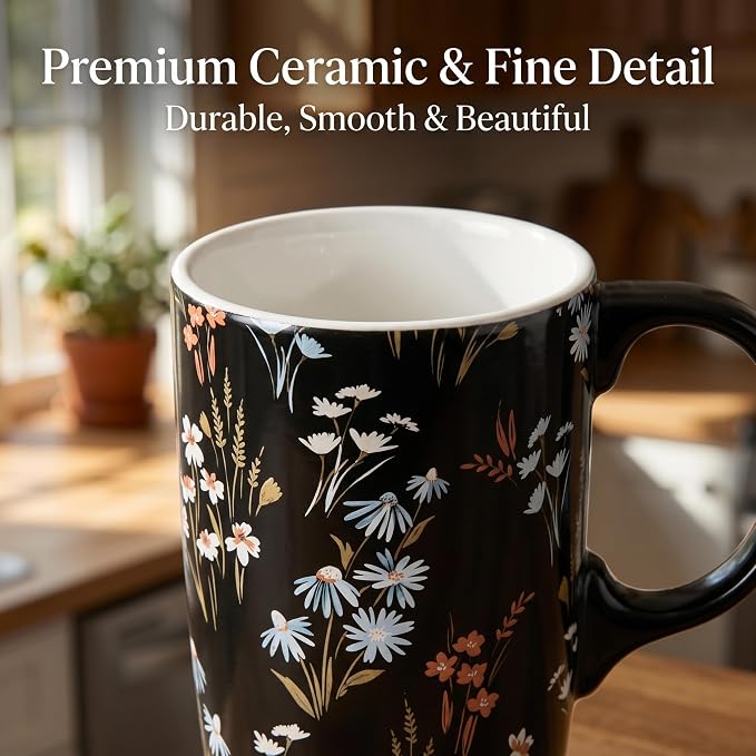 Topadorn 17oz Ceramic Travel Mug with Lid, Cottagecore Wildflower Cup | Large Ceramic Coffee Mug • Meadow Floral Design • Comfortable Handle • Microwave & Dishwasher Safe • Gift Box - Image 6