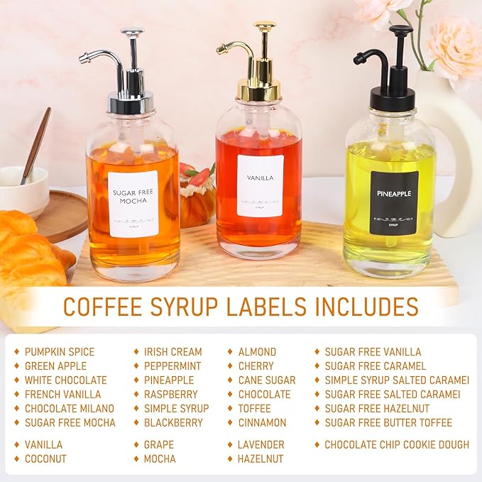 Coffee Syrup Dispenser 16.9 Oz 2 Pack, 500ml Glass Bottle with Sliver Pump for Coffee Bar, Includes 36 Stickers - Reusable Syrup Bottles