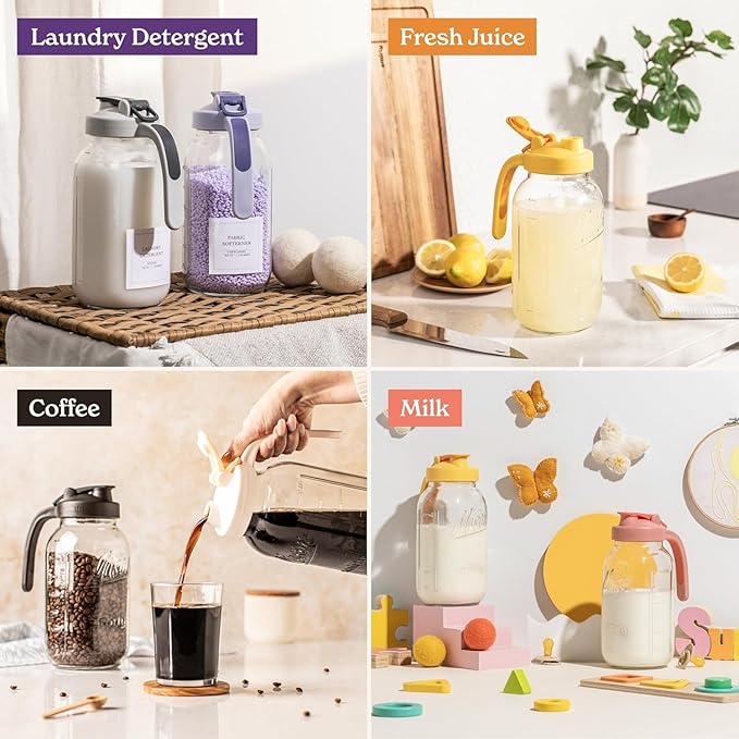 SMIRLY 64 oz Mason Jar Pitcher,Glass Pitcher with Wide Mouth,Water Jug with Double Leak Proof Lid for Iced Coffee,Hot Water,Breast Milk