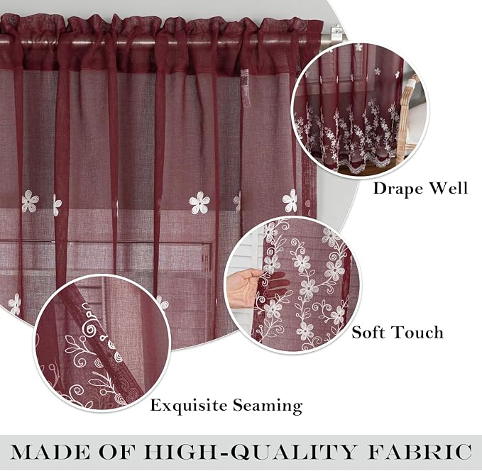 Red Sheer Curtains 84 Inches Long 2 Panels, White Floral Pattern Drapes for Living Room, Light Filtering Rod Pocket Window Treatments for Office, 54 x 84 Inches - Image 3