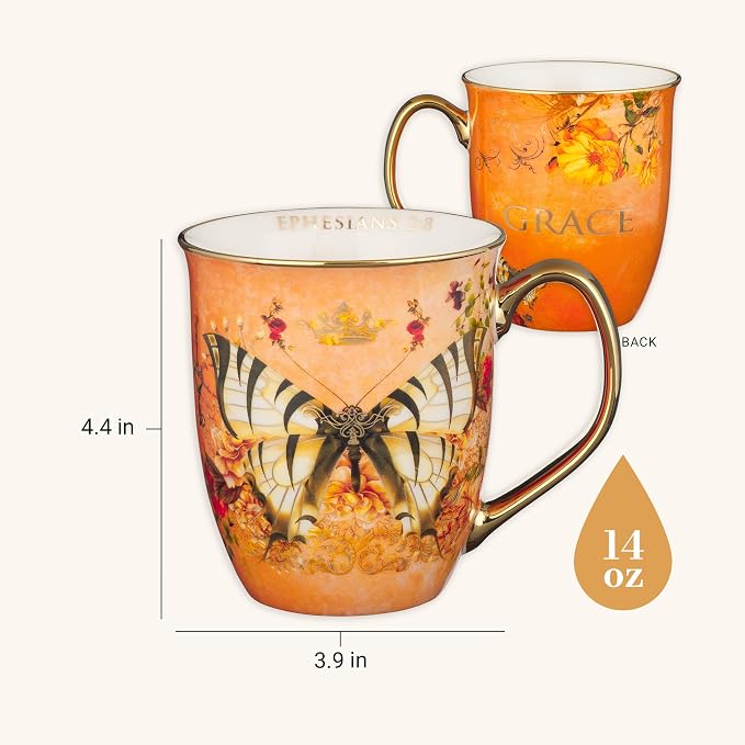Christian Art Gifts Orange Butterfly Ceramic Coffee Mug with Gold Accents – 14 oz. Lead & Cadmium-free Inspirational Scripture Coffee and Tea Mug for Women & Men with Bible Verse: Grace –Ephesians 2:8 - Image 2