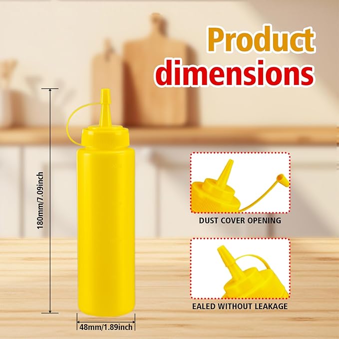 Squeeze Bottles for Sauces,Leak-Proof Condiment Dispenser, BPA-Free Kitchen Restaurant Squeeze Bottle Set with Wide Mouth for Ketchup, Mustard,Syrup,Dressings (Yellow, 6Pack-8oz(200ml))