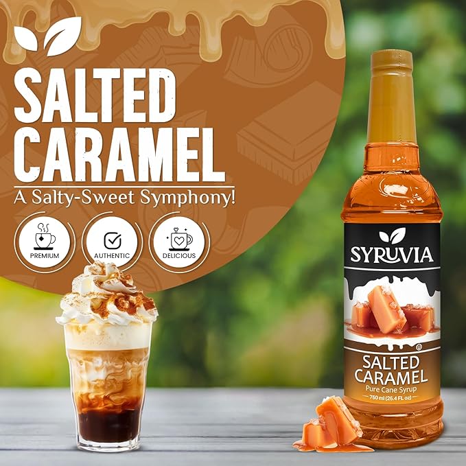 Syruvia Coffee Syrup, Salted Caramel Flavored Syrup for Drinks, Lattes, and Desserts – 25.4 fl oz