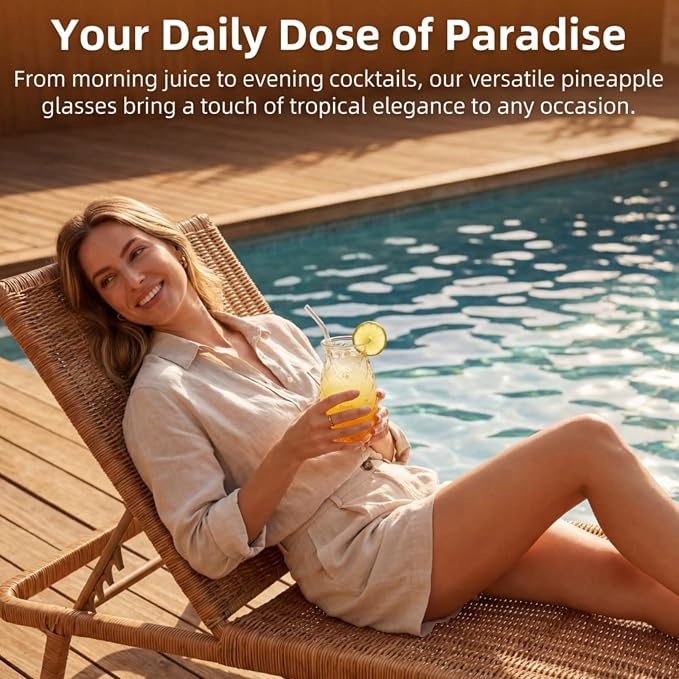 6 Pack Pineapple Drinking Glasses with Straws, 17 Oz Cocktail Cups | Clear Pina Colada Glass Bottles, Retro Relief Pineapple Cups Glassware Set for Cocktail, Juice, Water, Milk - Image 6