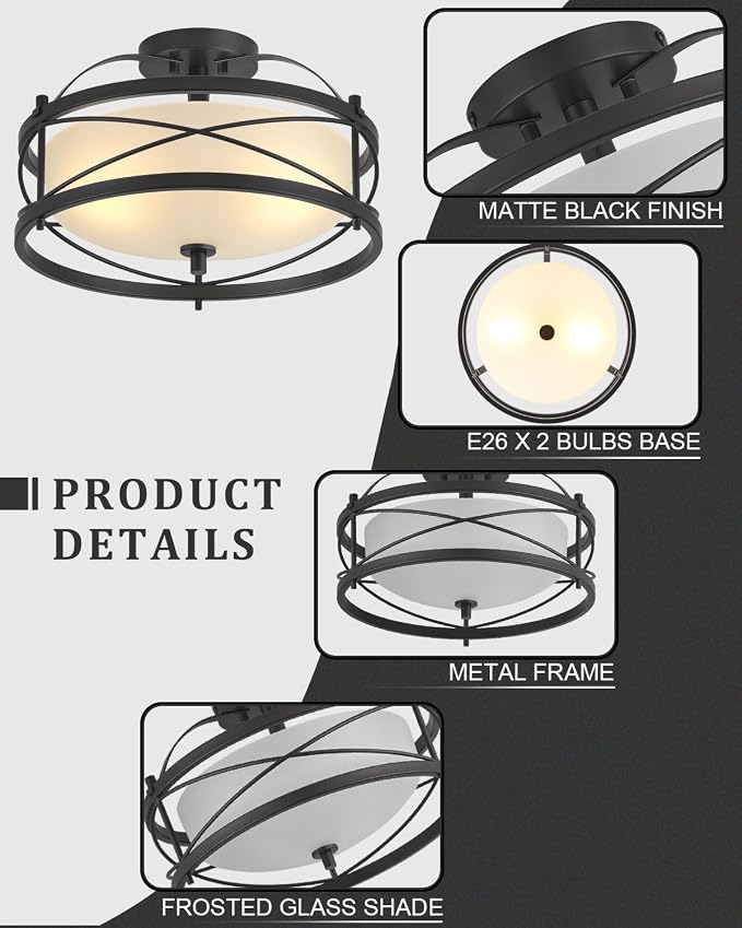 Entryway Drum Light Fixtures, Semi-Flush Mount Rustic Ceiling Light for Hallway Living Room Bedroom Kitchen (Black) - Image 3