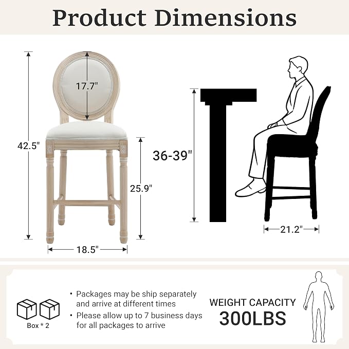 French Country Barstool, Linen Farmhouse Counter Height Chair | Set of 4, with Cushion Round Back and Solid Wood Legs, Oval Chairs for Restaurant, Bar, Kitchen, Café, Beige - Image 3