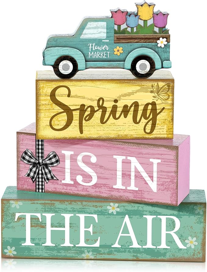 Moucuny 4 Pcs Spring Table Decor Wooden Blue Truck Decoration Flower Centerpiece Spring Tiered Tray Decor Decorative Colorful Flower Block Signs Gift Farmhouse Decoration for Home Kitchen by Moucuny