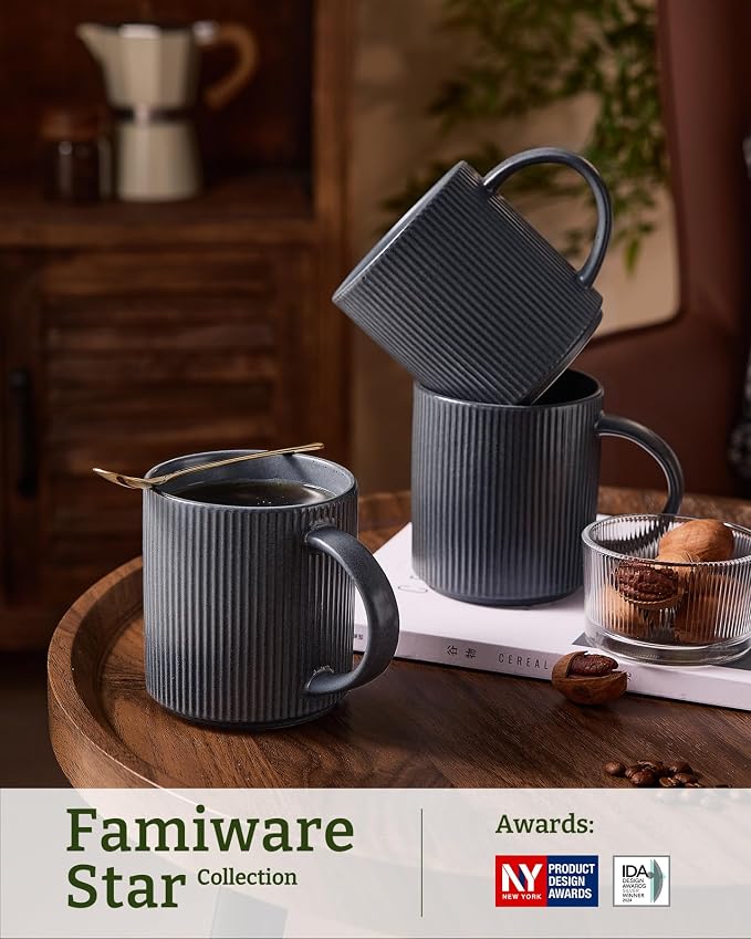 famiware Coffee Mug Set for 4, Star 16 oz Catering Mugs Cup Set with Handle for Coffee, Tea, Cocoa, Milk - Ceramic Stoneware Drinkware Set, Matte Dark Charcoal - Image 3