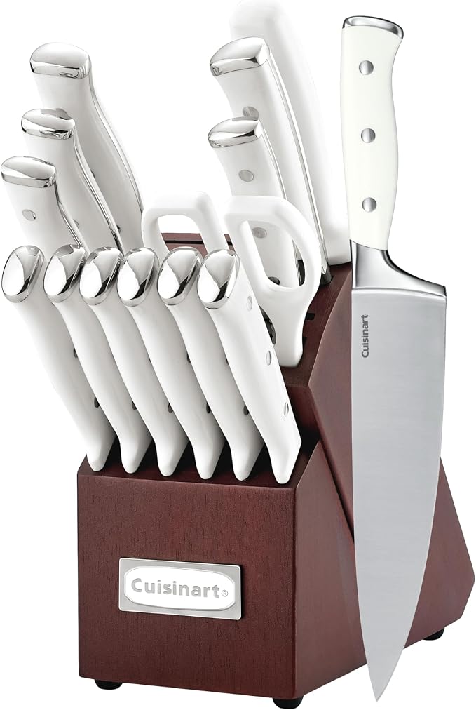 Cuisinart 15-Piece Knife Set with Block, High Carbon Stainless Steel, Forged Triple Rivet, White/Cherry C77WTR-15PCW by Cuisinart