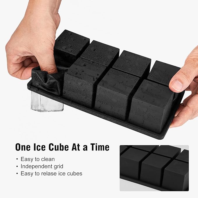 Samuelworld Large Ice Cube Tray: 2024 Upgraded Silicone Square Ice Cube Mold For Whiskey, New Upgraded 2 Inch Large Cubed Ice Trays for Cocktail, Big Cube Ice Maker Mold (2 Pack, Black)